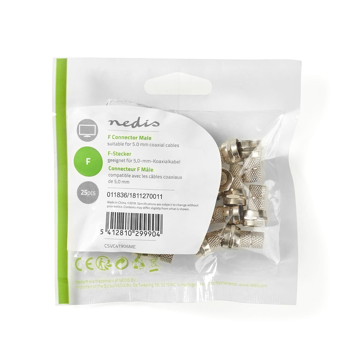 F connector | Straight | Male | Nickel Plated | 75 Ohm | Twist-On | Cable input diameter: 5.0 mm | Zinc Alloy | Silver | 25 pcs. | Plastic bag