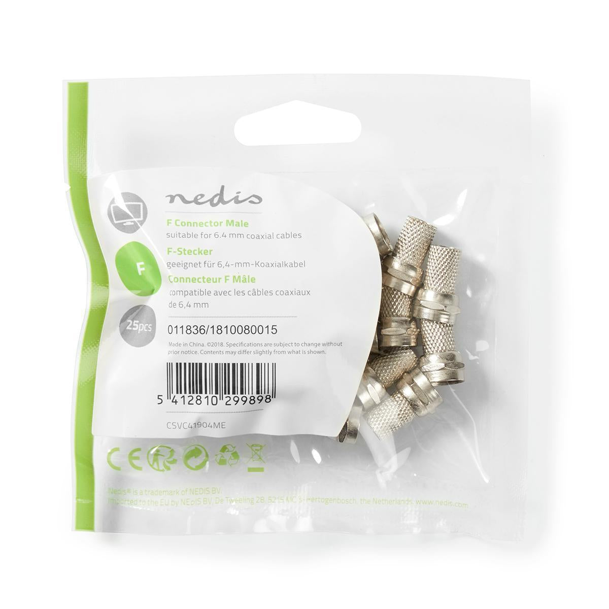 F connector | Straight | Male | Nickel Plated | 75 Ohm | Twist-On | Cable input diameter: 6.4 mm | Zinc Alloy | Silver | 25 pcs. | Plastic bag