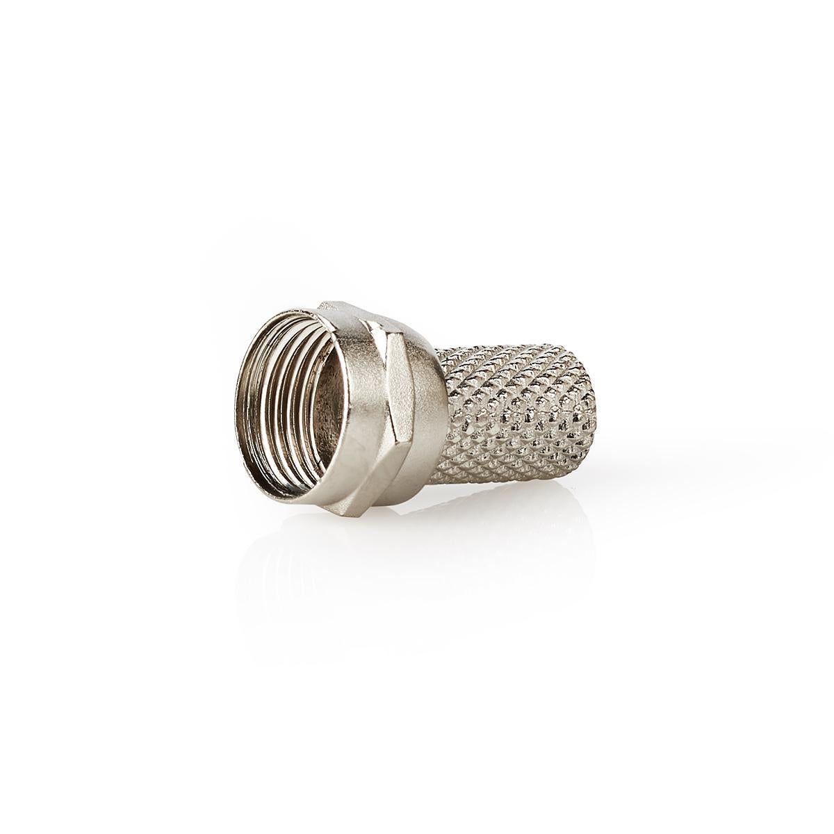 F connector | Straight | Male | Nickel Plated | 75 Ohm | Twist-On | Cable input diameter: 7.4 mm | Zinc Alloy | Silver | 25 pcs. | Plastic bag