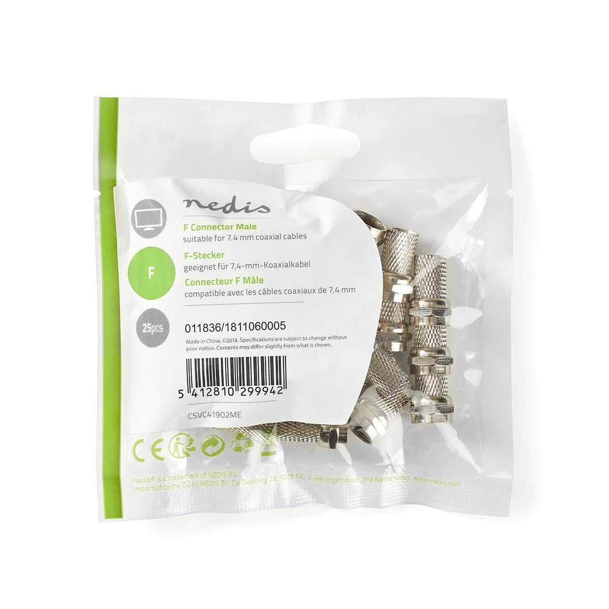 F connector | Straight | Male | Nickel Plated | 75 Ohm | Twist-On | Cable input diameter: 7.4 mm | Zinc Alloy | Silver | 25 pcs. | Plastic bag