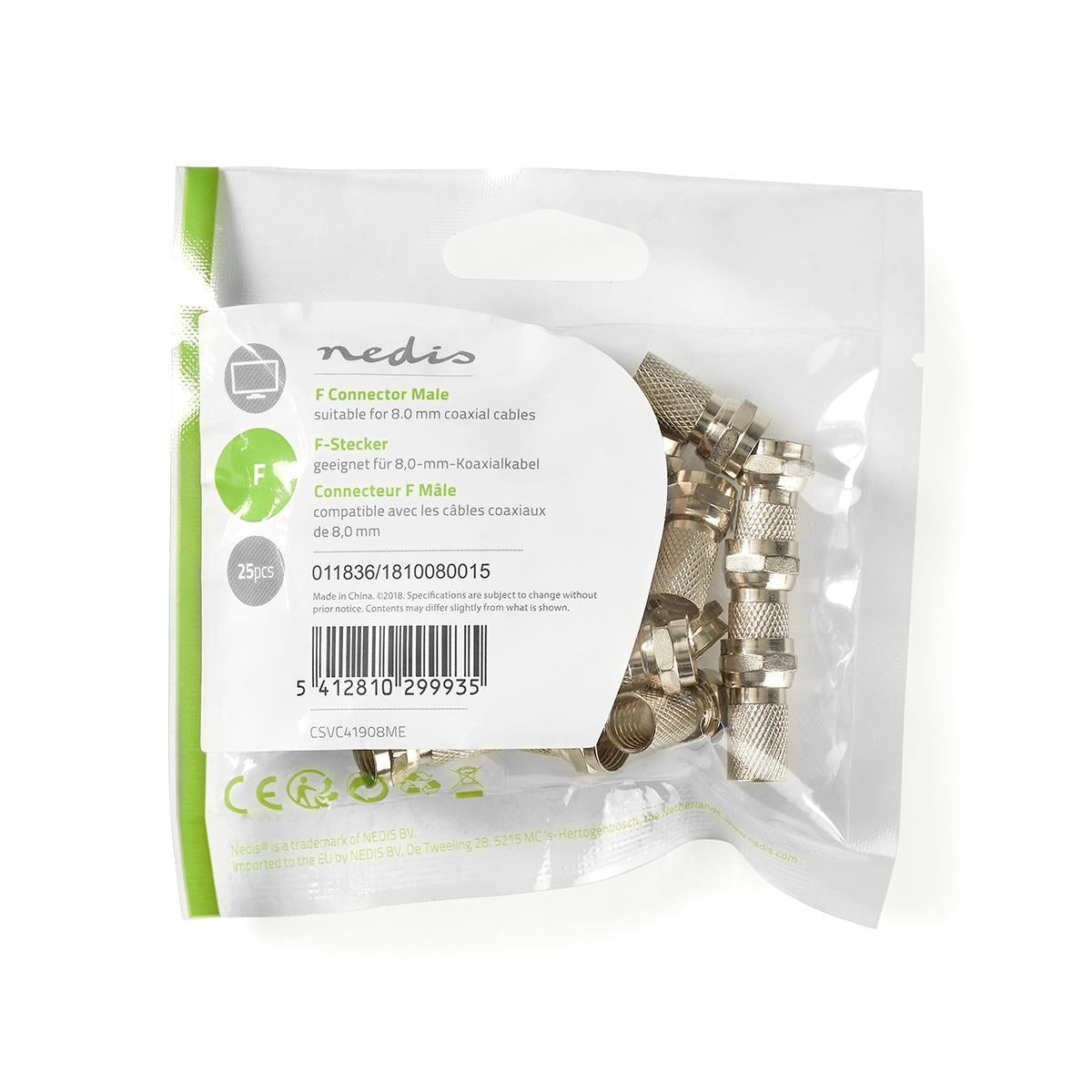 F connector | Straight | Male | Nickel Plated | 75 Ohm | Twist-On | Cable input diameter: 7.5 mm | Zinc Alloy | Silver | 25 pcs. | Plastic bag