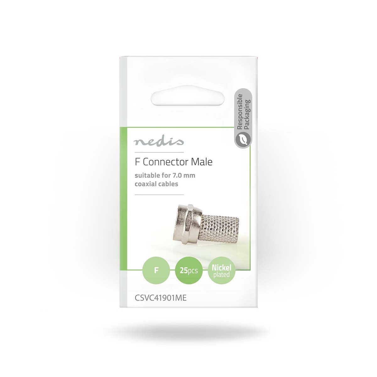 F connector | Straight | Male | Nickel plated | 75 Ohm | Twist-On | Cable input diameter: 7.0 mm | Zinc Alloy | Silver | 25 pcs. | Envelope