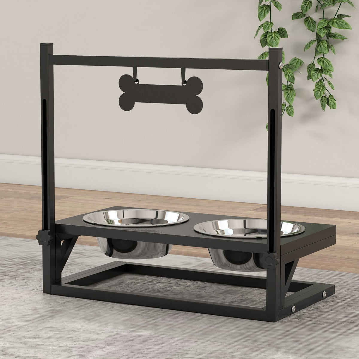 Feeding Station Stainless Steel Dog Bowl Adjustable Bone-Shaped 0.9L