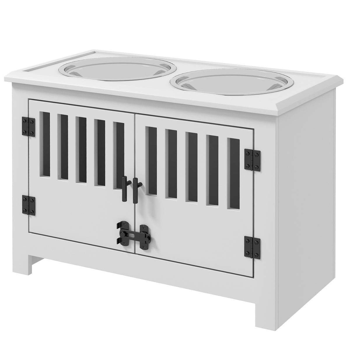 Feeding bowl, raised feeding station with 2L stainless steel feeding bowl, storage space, double door with lock, dog bar for extra large dogs, white