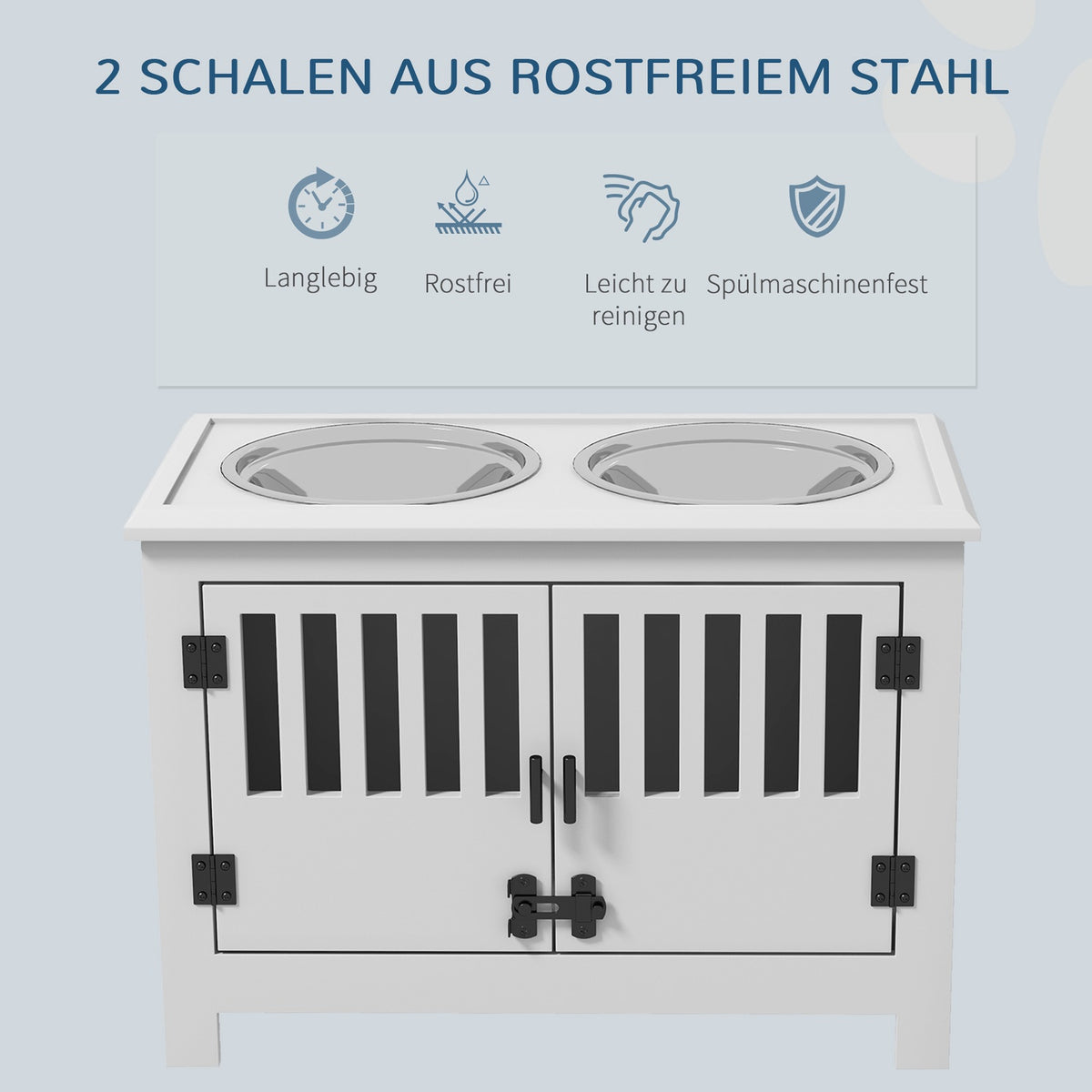 Feeding bowl, raised feeding station with 2L stainless steel feeding bowl, storage space, double door with lock, dog bar for extra large dogs, white