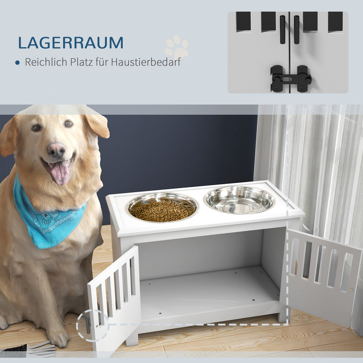 Feeding bowl, raised feeding station with 2L stainless steel feeding bowl, storage space, double door with lock, dog bar for extra large dogs, white