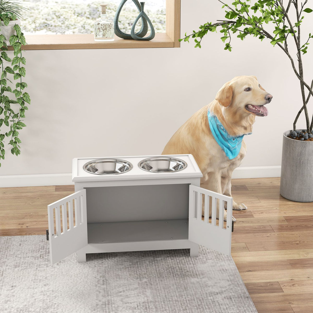 Feeding bowl, raised feeding station with 2L stainless steel feeding bowl, storage space, double door with lock, dog bar for extra large dogs, white