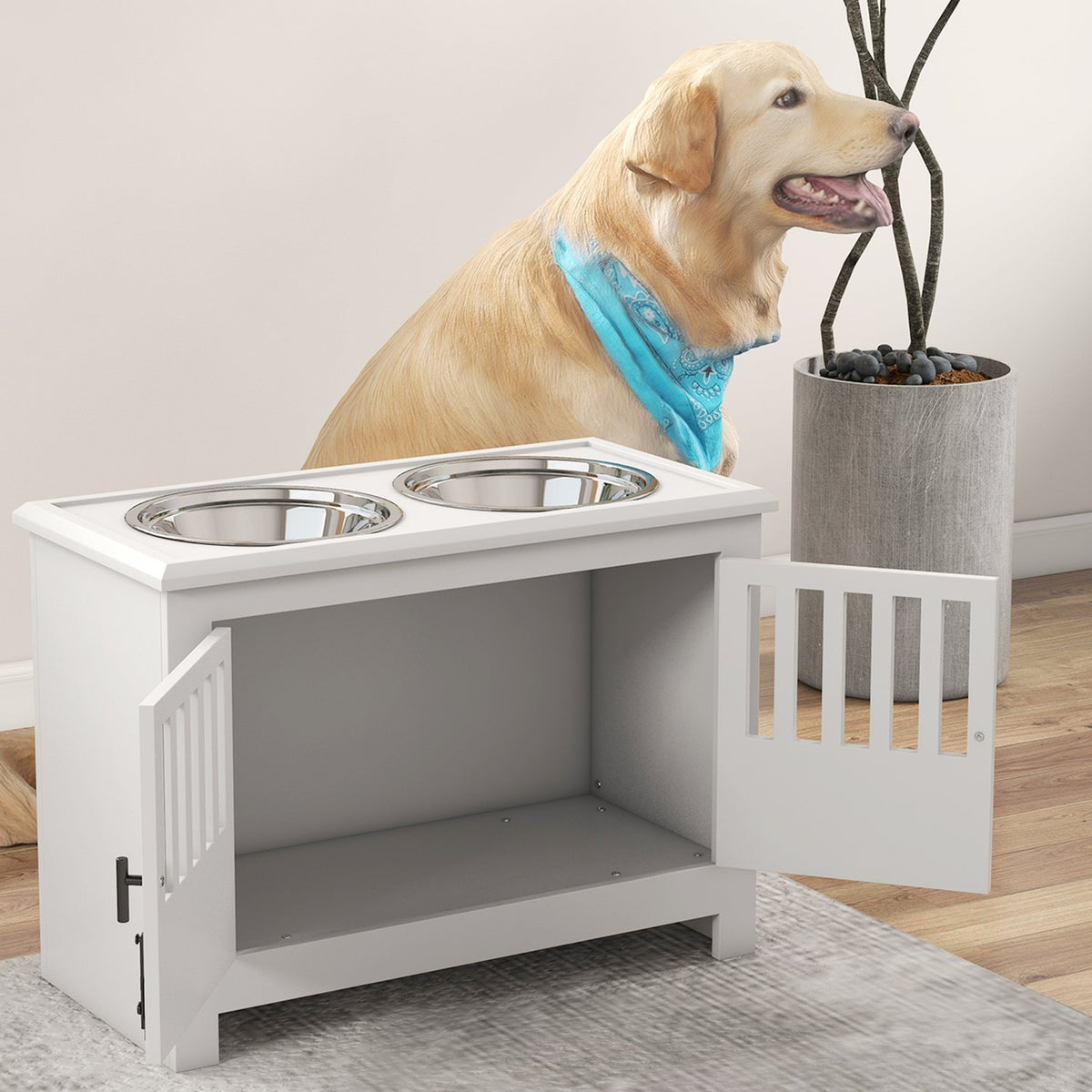 Feeding bowl, raised feeding station with 2L stainless steel feeding bowl, storage space, double door with lock, dog bar for extra large dogs, white