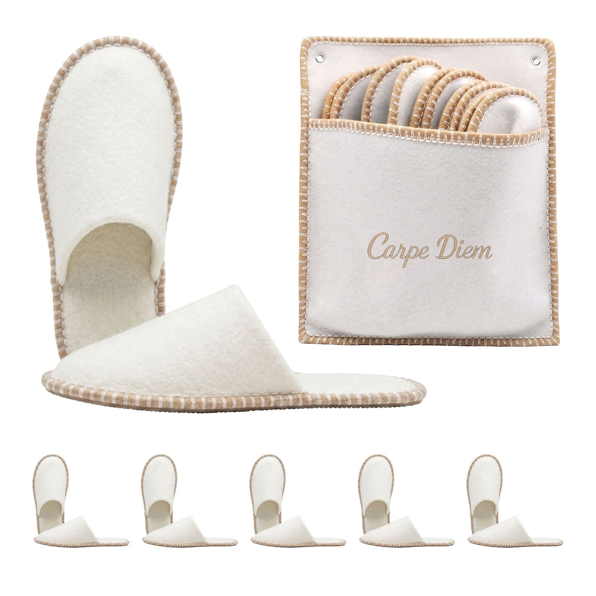 Felt Guest Slippers Set, 6 Pairs, Beige, Non-Slip, Unisex
