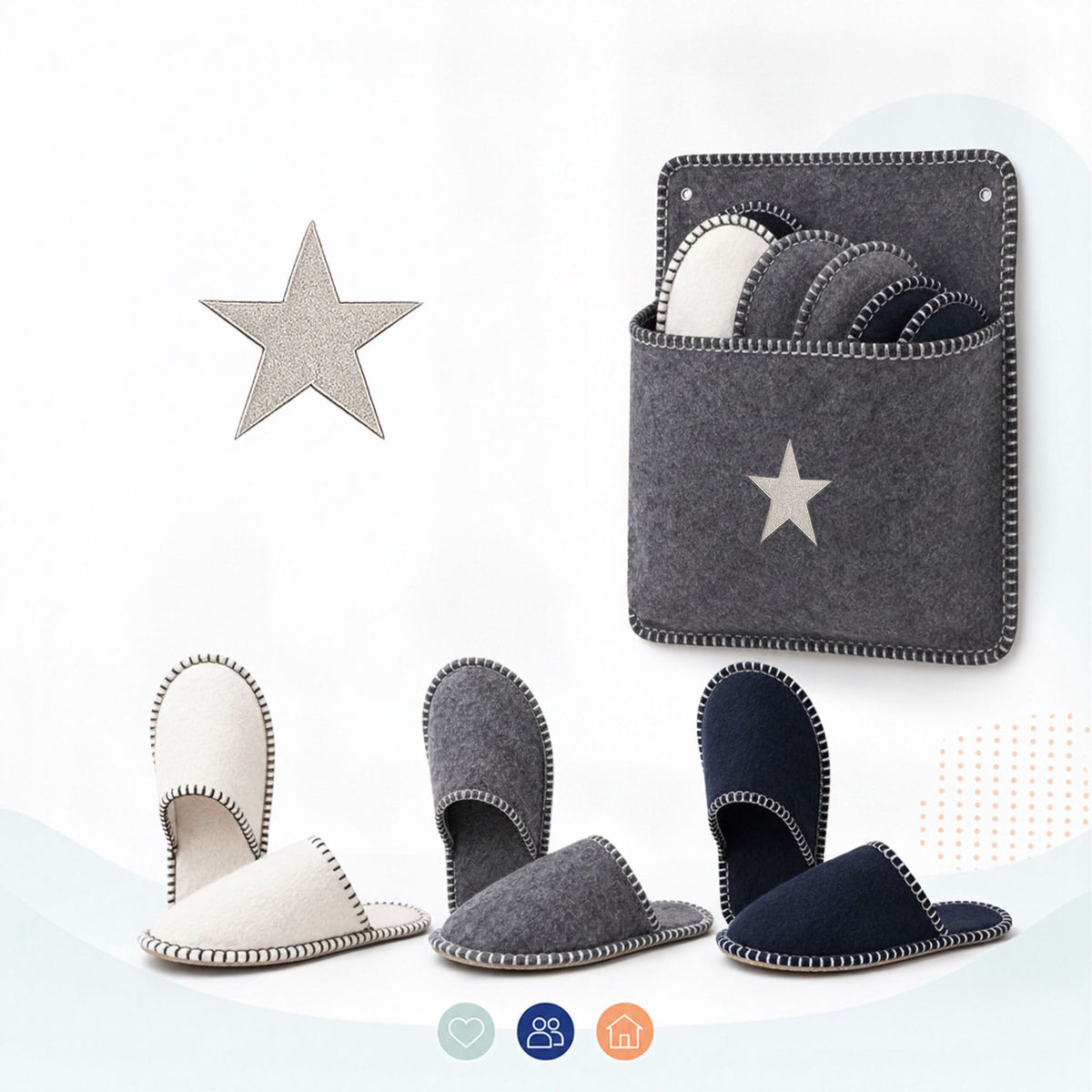 Felt Guest Slippers Set, 6 Pairs, Gray, Non-Slip, Unisex