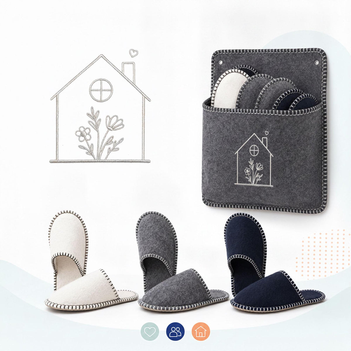 Felt Guest Slippers Set, 6 Pairs with Storage Bag