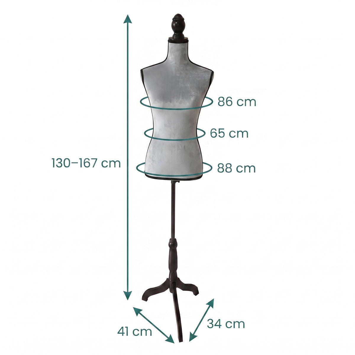 Female Dress Form 36/38 Velvet, Light Grey, Adjustable Stand