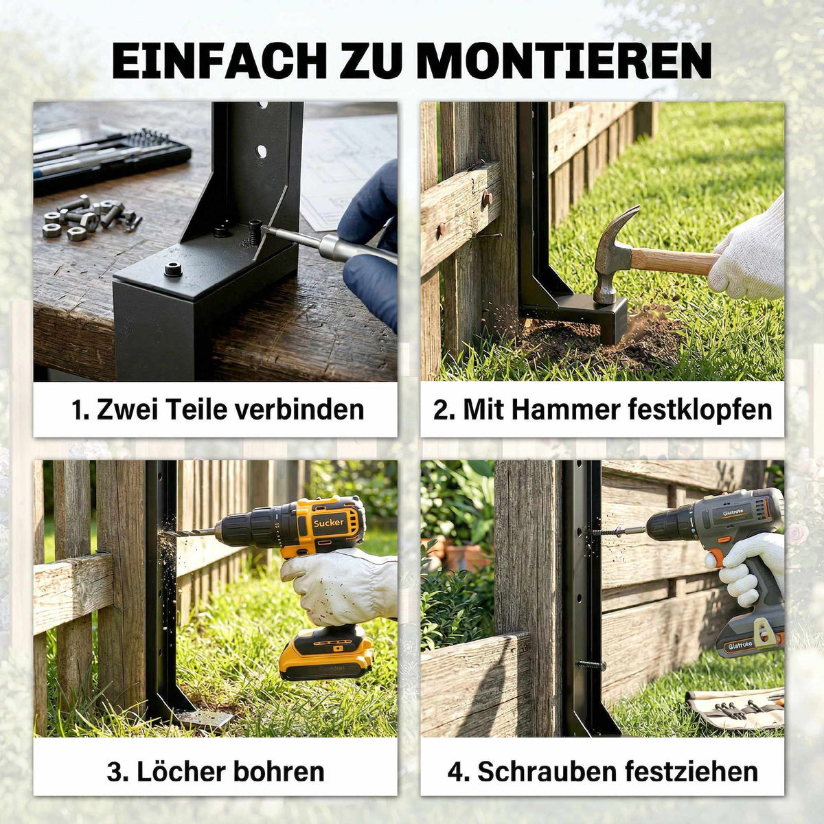 Fence Post Repair Kit, 2-Pack with Drill and Screws, Black