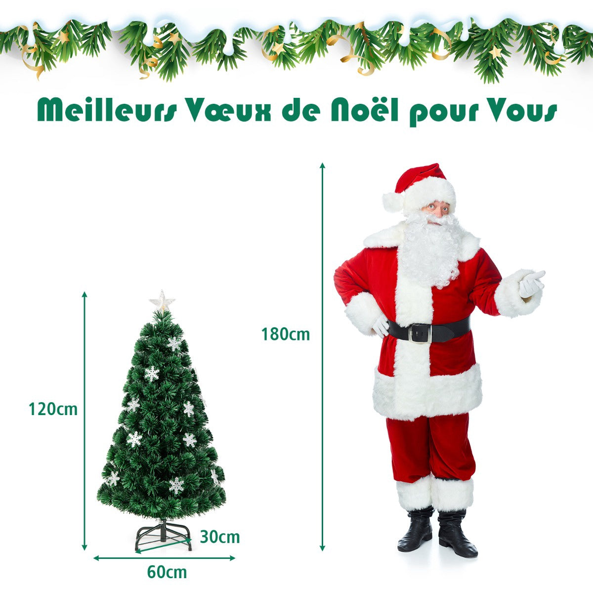 Fiber Optic Christmas Tree 120cm, LED Lights, Snowflakes