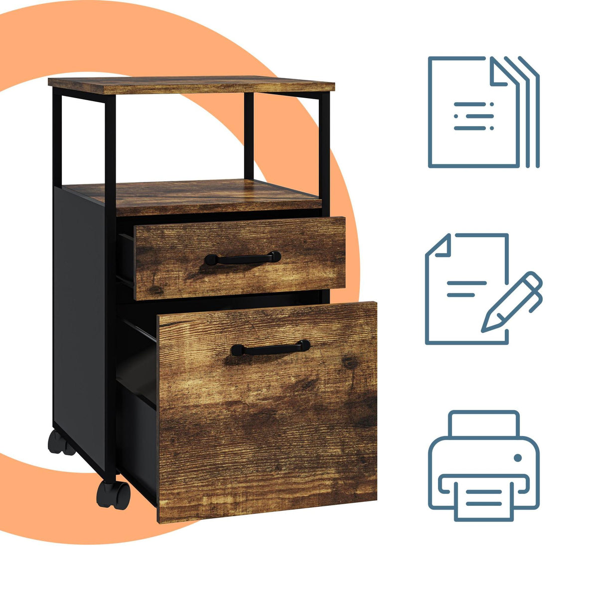 File Cabinet with 2 Drawers, Mobile, A4/Letter Size