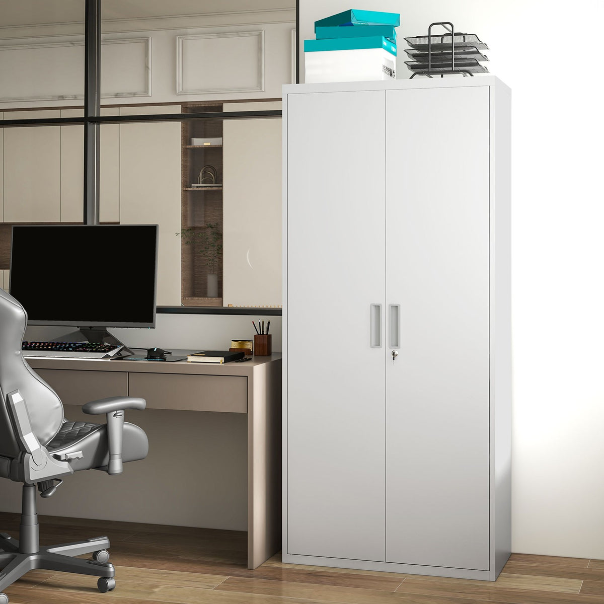 Filing Cabinet, Office Cabinet with 2 Doors, 5 Tier Multi-Purpose Cabinet with Adjustable Shelf, Steel Storage Cabinet for Study, Living Room, White