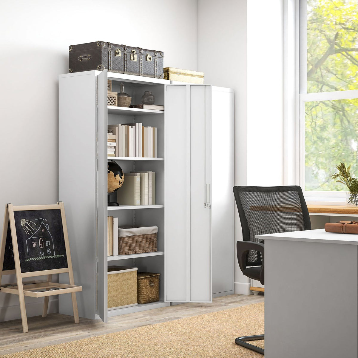 Filing Cabinet, Office Cabinet with 2 Doors, 5 Tier Multi-Purpose Cabinet with Adjustable Shelf, Steel Storage Cabinet for Study, Living Room, White