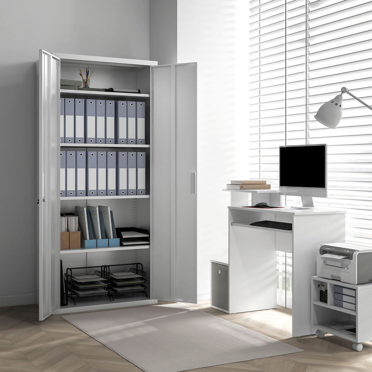 Filing Cabinet, Office Cabinet with 2 Doors, 5 Tier Multi-Purpose Cabinet with Adjustable Shelf, Steel Storage Cabinet for Study, Living Room, White