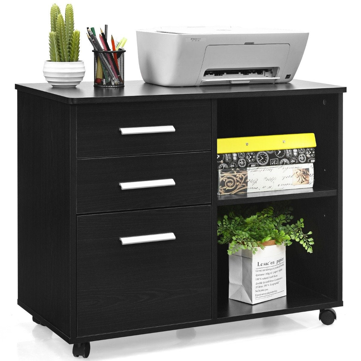 Filing cabinet with 3 drawers Mobile office cabinet on wheels 81 x 41 x 66 cm Black