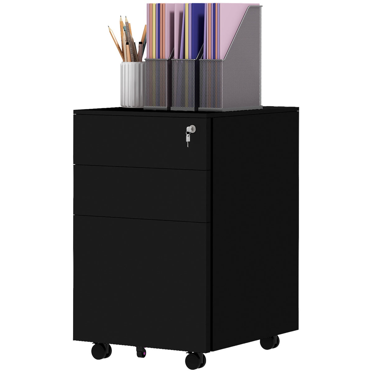 Filing cabinet with drawers, 37L x 43.5W x 60H cm, lockable, rollable, with brakes, 3-stage adjustable bar, steel, black