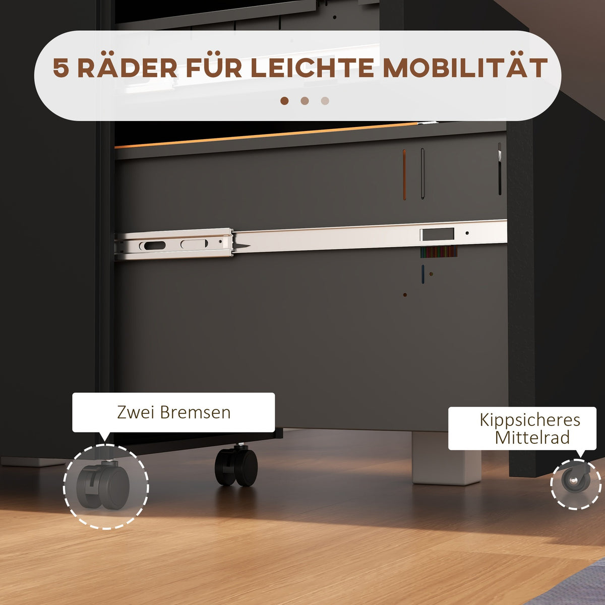 Filing cabinet with drawers, 37L x 43.5W x 60H cm, lockable, rollable, with brakes, 3-stage adjustable bar, steel, black