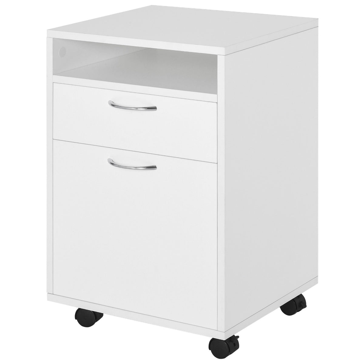 Filing cabinet with drawers, 40W x 35D x 60H cm, plenty of storage space, with wheels, brakes, handles, open shelf, chipboard, MDF, white
