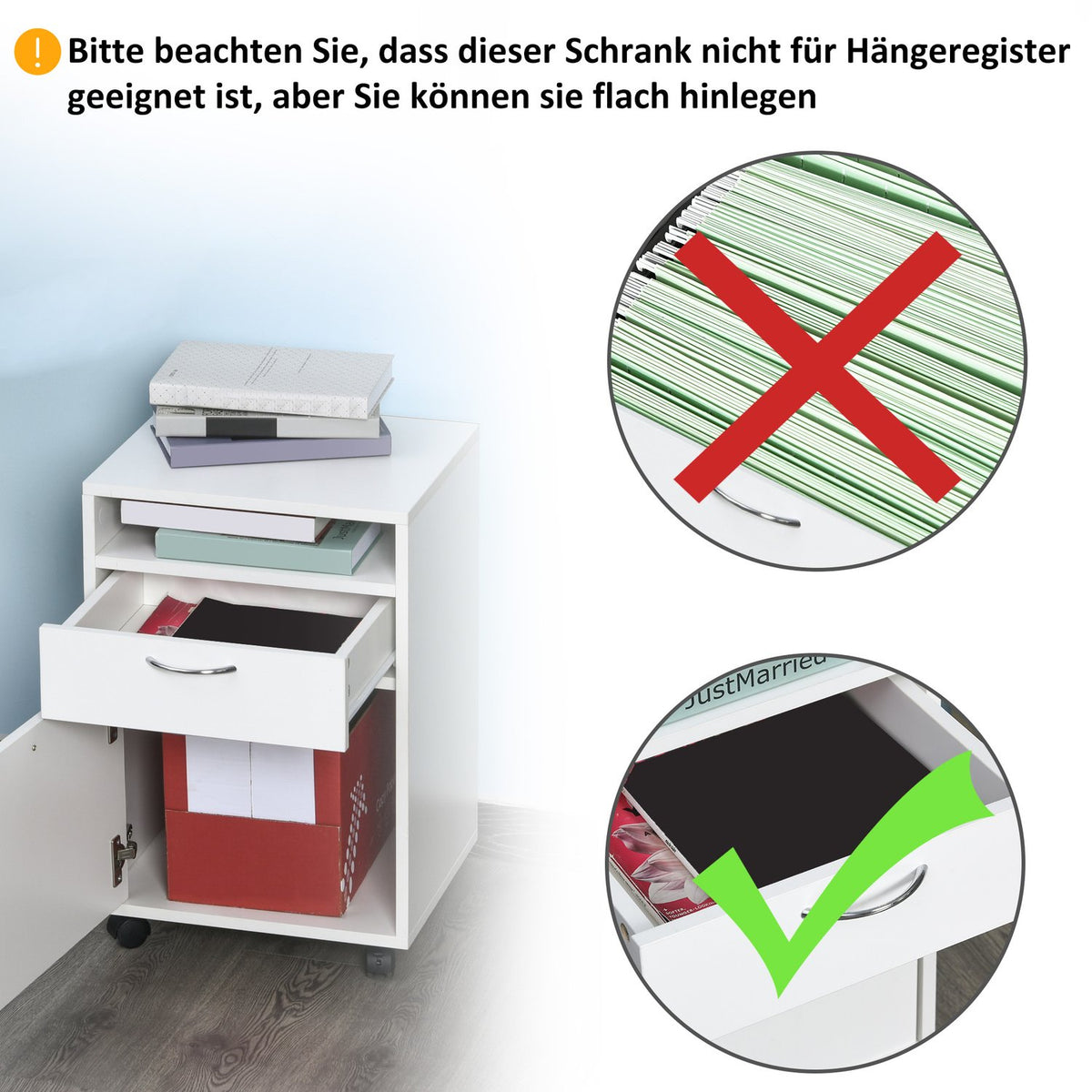 Filing cabinet with drawers, 40W x 35D x 60H cm, plenty of storage space, with wheels, brakes, handles, open shelf, chipboard, MDF, white