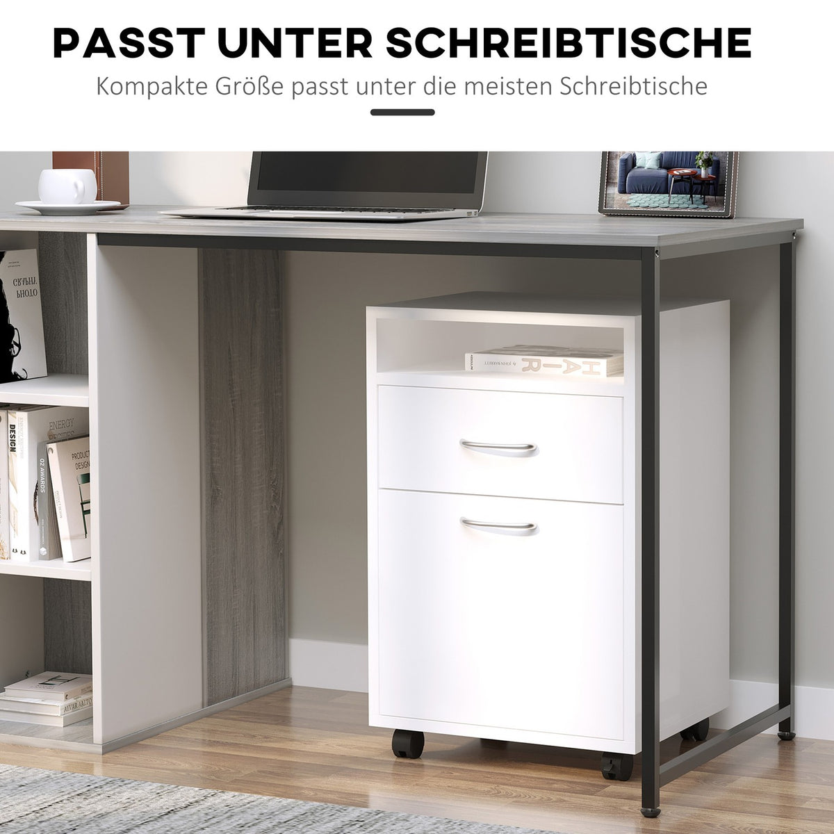 Filing cabinet with drawers, 40W x 35D x 60H cm, plenty of storage space, with wheels, brakes, handles, open shelf, chipboard, MDF, white