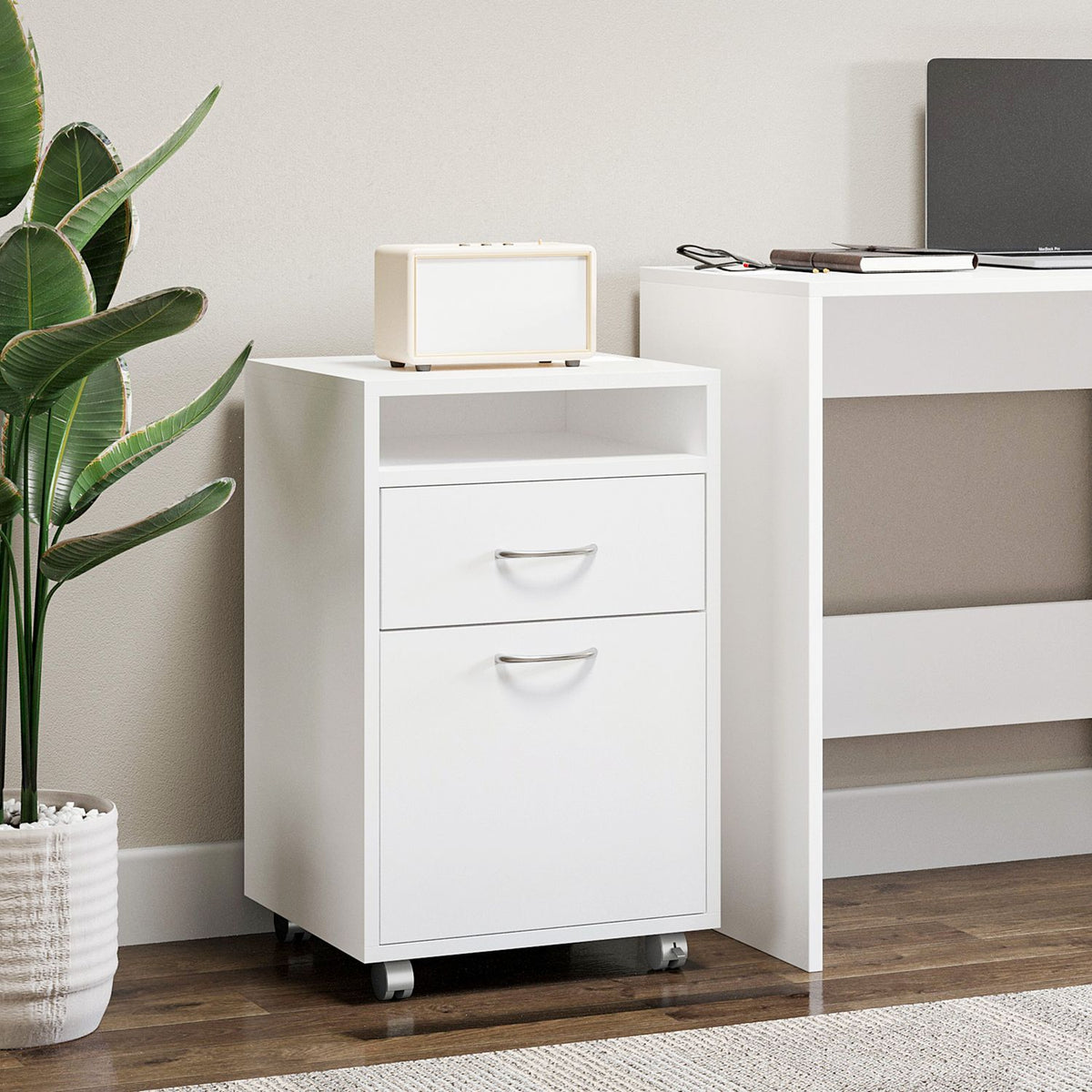 Filing cabinet with drawers, 40W x 35D x 60H cm, plenty of storage space, with wheels, brakes, handles, open shelf, chipboard, MDF, white