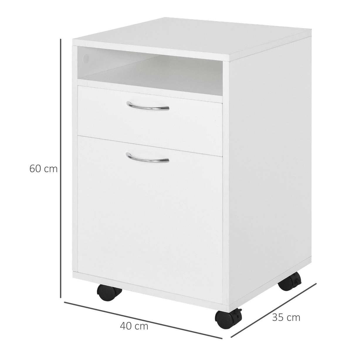 Filing cabinet with drawers, 40W x 35D x 60H cm, plenty of storage space, with wheels, brakes, handles, open shelf, chipboard, MDF, white
