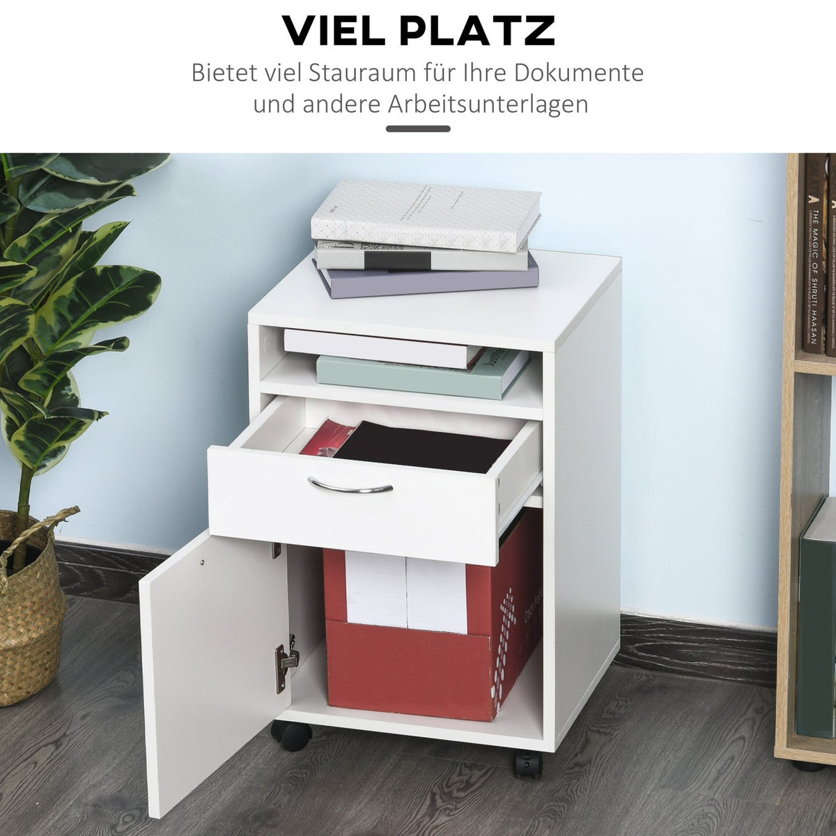 Filing cabinet with drawers, 40W x 35D x 60H cm, plenty of storage space, with wheels, brakes, handles, open shelf, chipboard, MDF, white
