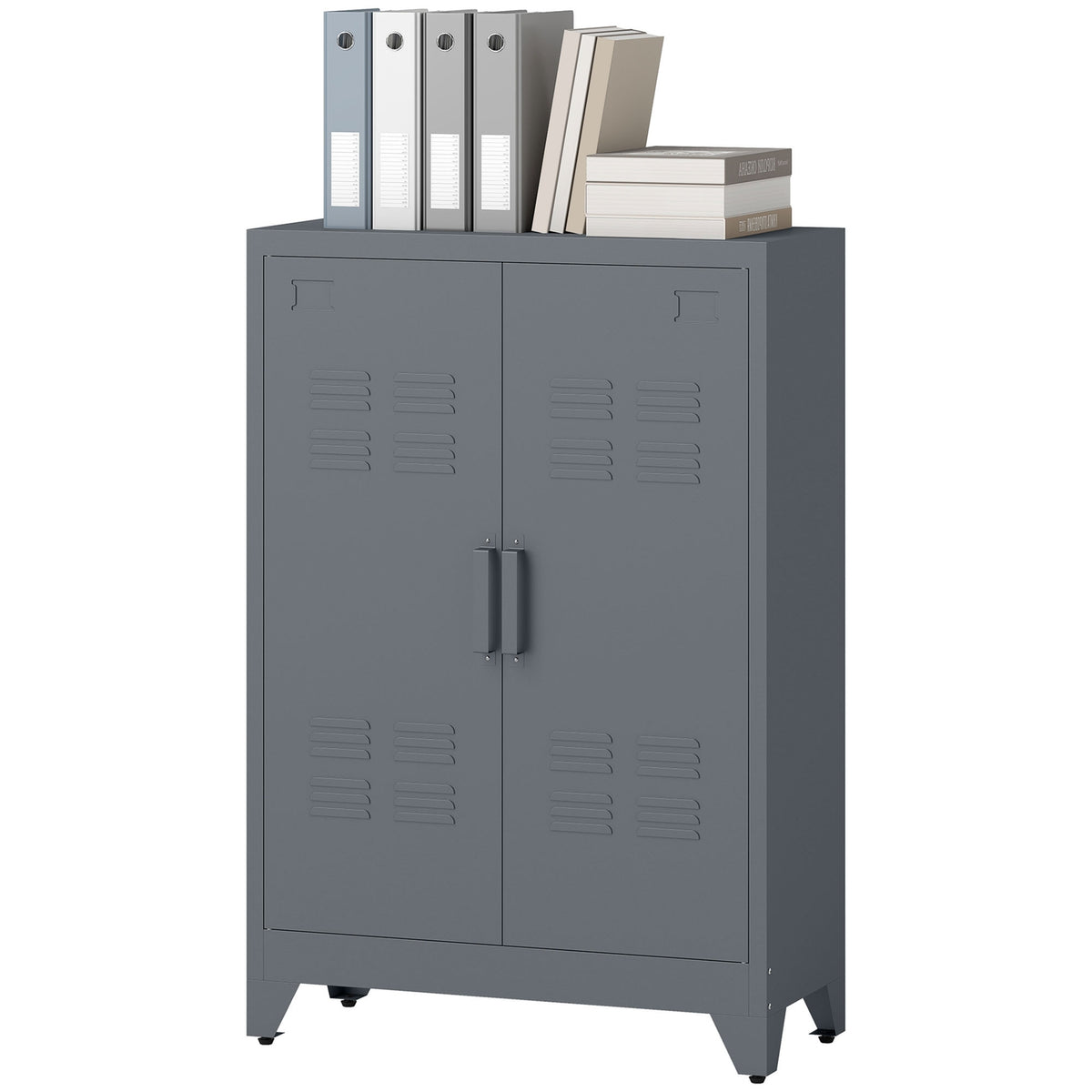 Filing cabinet with louvre doors, storage cabinet, metal cabinet with 2 adjustable shelves, 75 x 33 x 110 cm, grey