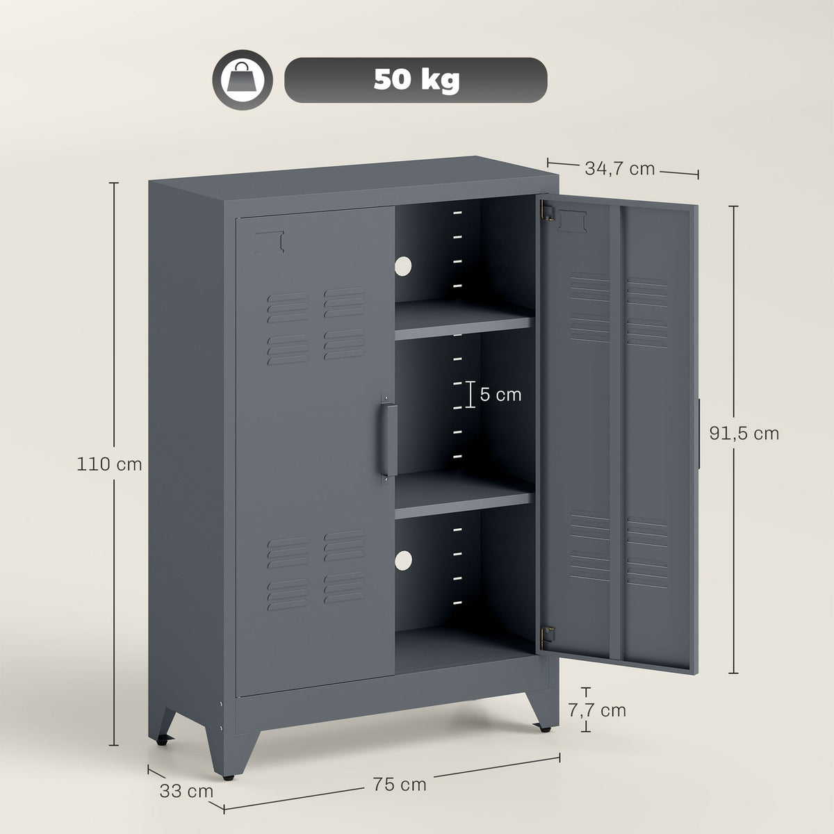 Filing cabinet with louvre doors, storage cabinet, metal cabinet with 2 adjustable shelves, 75 x 33 x 110 cm, grey