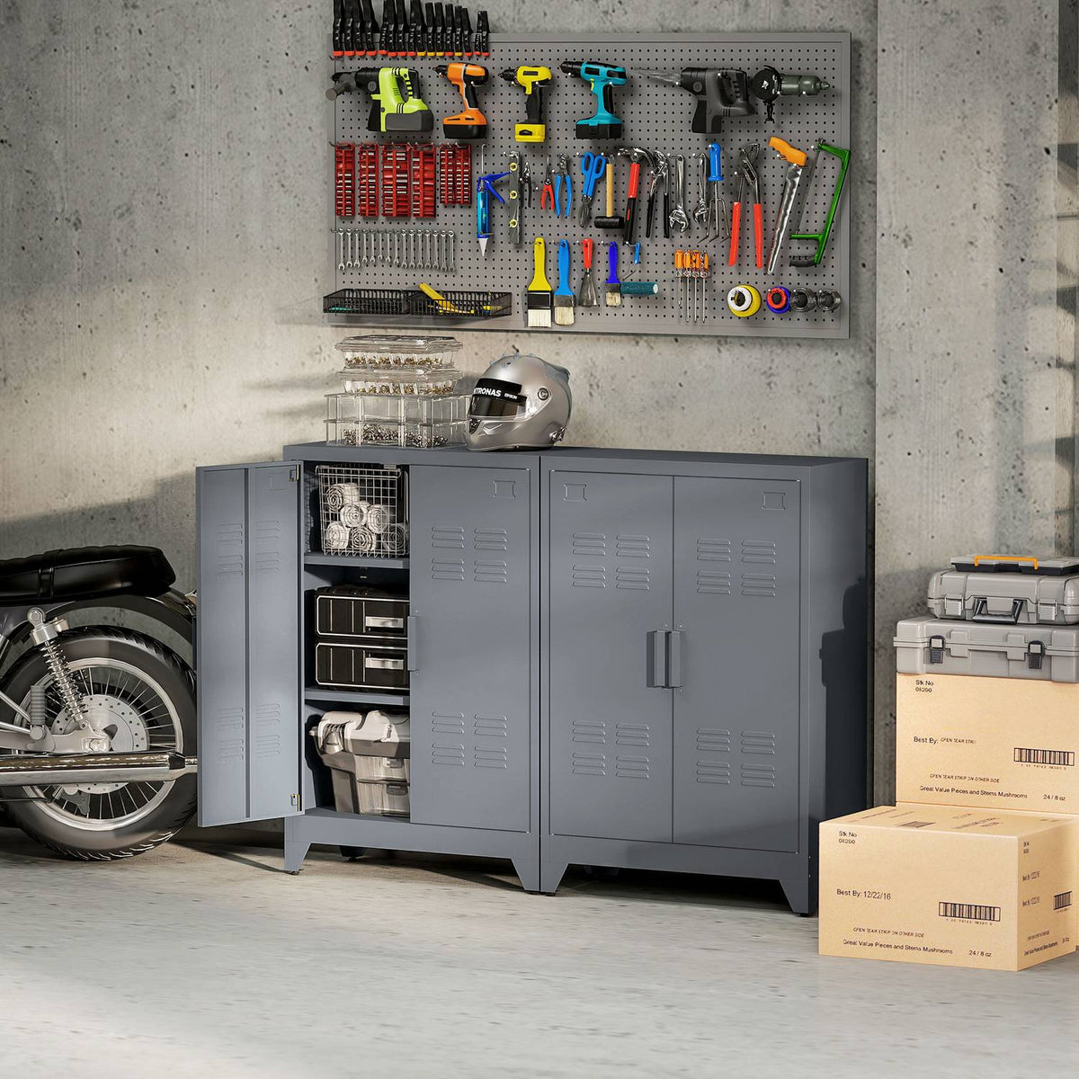Filing cabinet with louvre doors, storage cabinet, metal cabinet with 2 adjustable shelves, 75 x 33 x 110 cm, grey