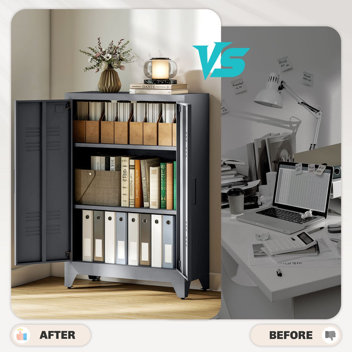 Filing cabinet with louvre doors, storage cabinet, metal cabinet with 2 adjustable shelves, 75 x 33 x 110 cm, grey