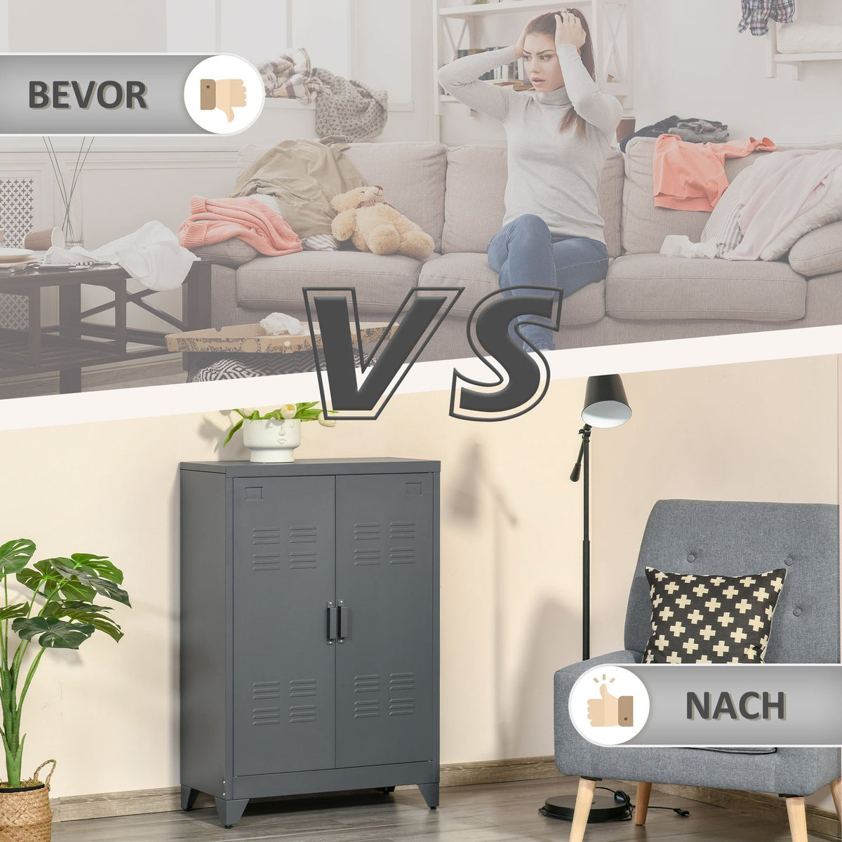 Filing cabinet with louvre doors, storage cabinet, metal cabinet with 2 adjustable shelves, 75 x 33 x 110 cm, grey