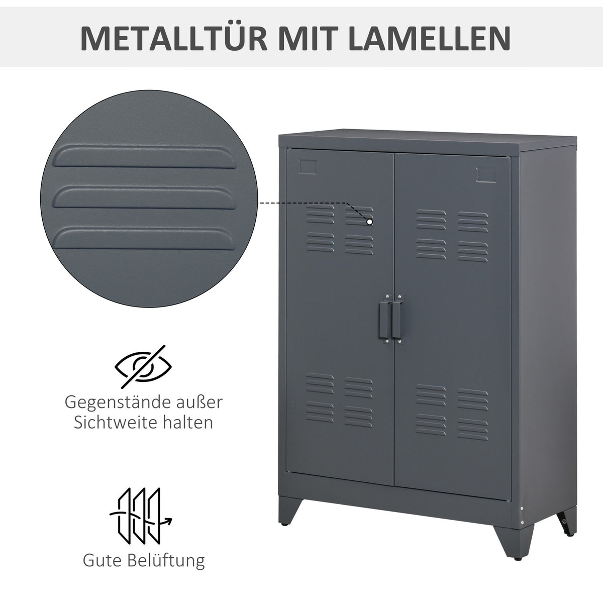 Filing cabinet with louvre doors, storage cabinet, metal cabinet with 2 adjustable shelves, 75 x 33 x 110 cm, grey