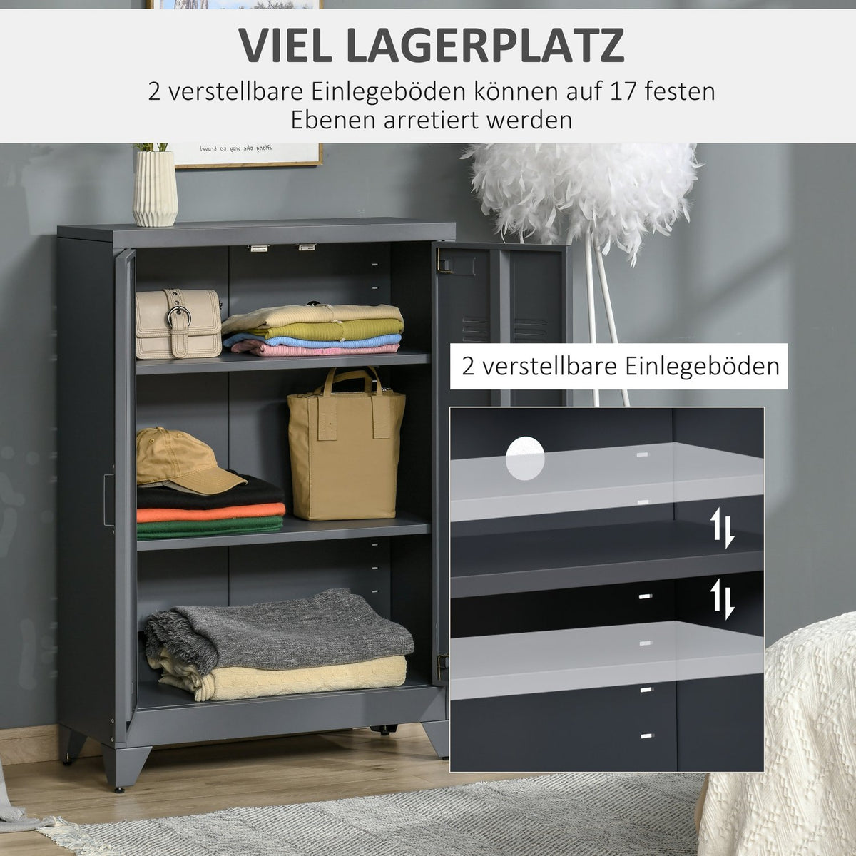 Filing cabinet with louvre doors, storage cabinet, metal cabinet with 2 adjustable shelves, 75 x 33 x 110 cm, grey