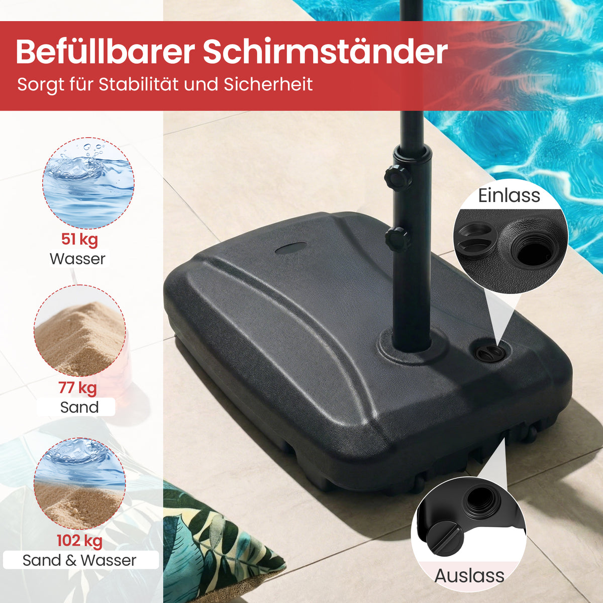 Fillable Patio Umbrella Base with Wheels, HDPE, 102kg Capacity