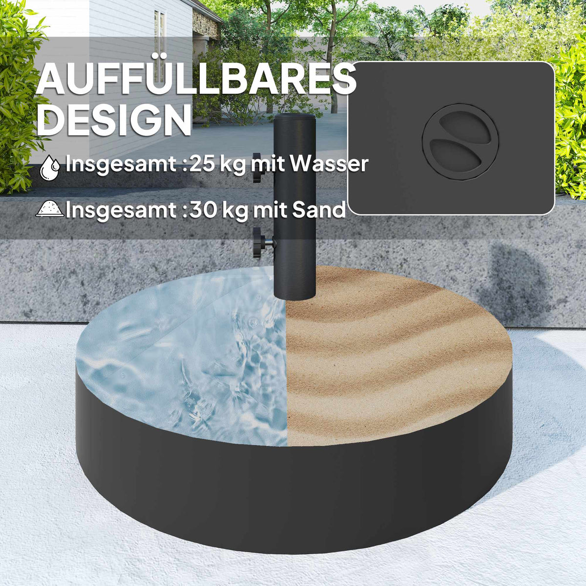 Fillable Umbrella Base, 30kg, Black, HDPE, 36/38/48mm