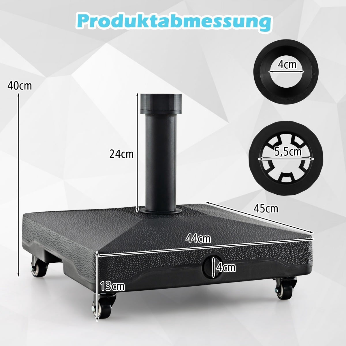 Fillable Umbrella Base with Wheels, 45x44x40 cm, Black