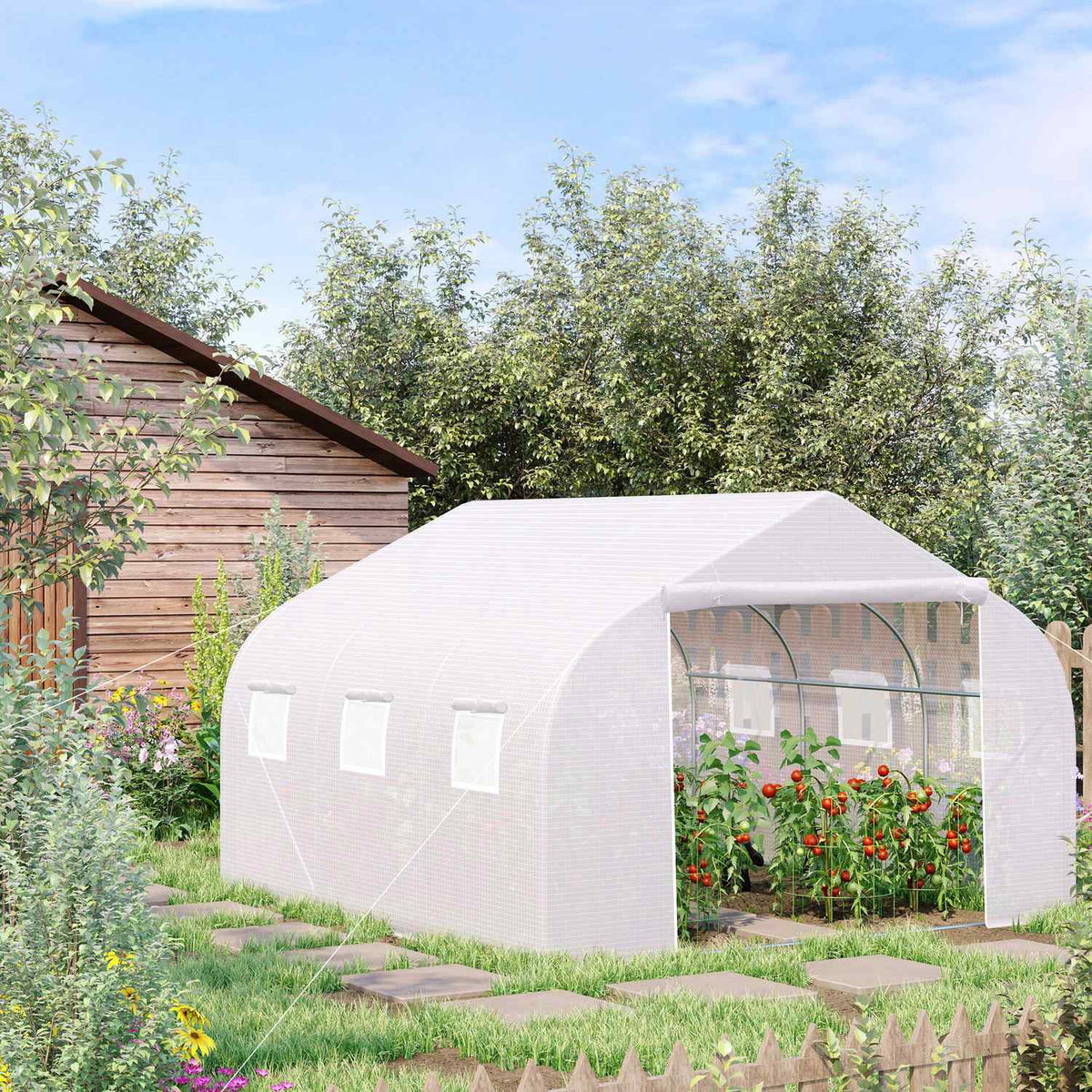 Film Greenhouse 4.45X2.99X2.05M Uv Protection Tomato House, Mesh Window, Windproof, Metal, White