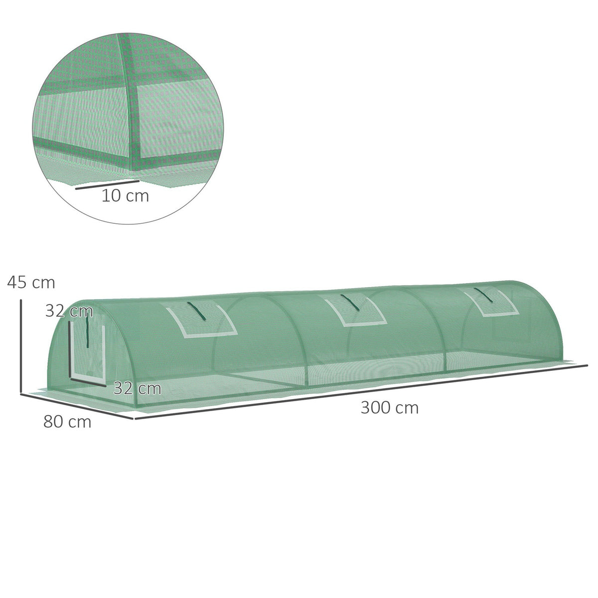 Film Greenhouse Mini Tunnel Greenhouse With Mesh Window, Uv-Resistant, Pe Film, Green, 300X80X45Cm