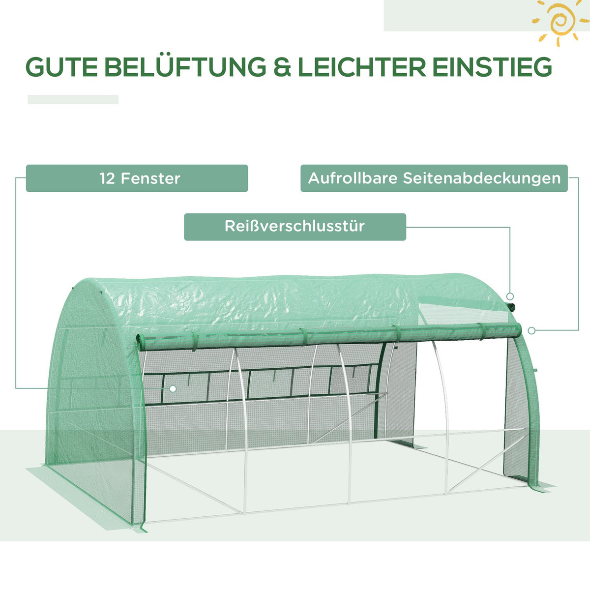 Film Greenhouse Polytunnel 3.97X3X2M Walk-In, Uv Protection, Roll-Up Covers, Steel, Green