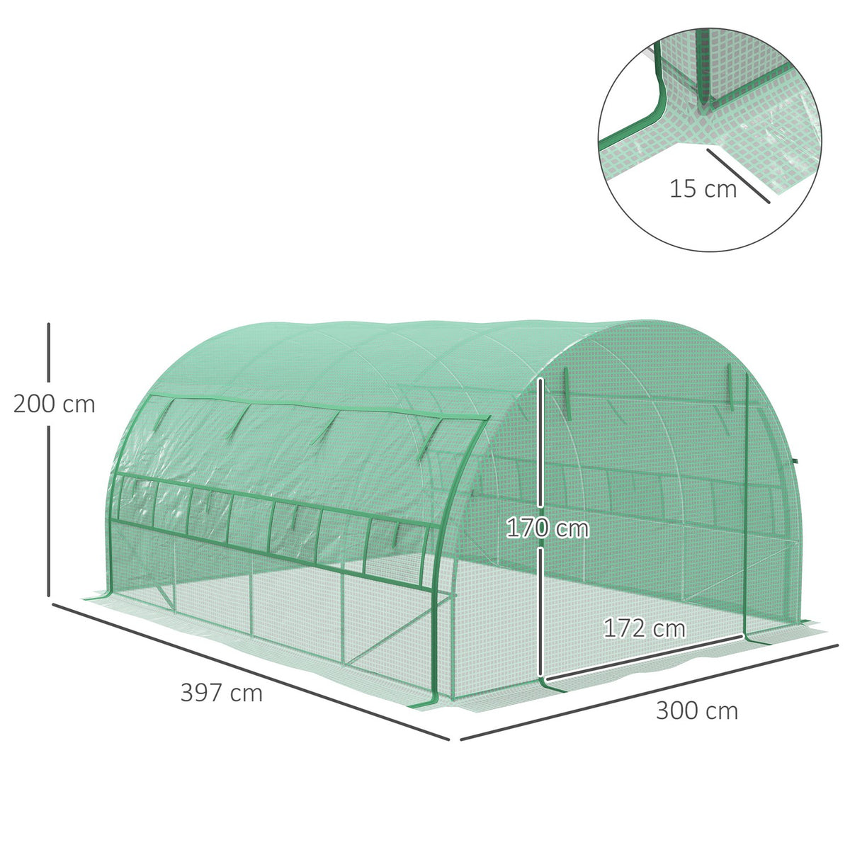 Film Greenhouse Polytunnel 3.97X3X2M Walk-In, Uv Protection, Roll-Up Covers, Steel, Green