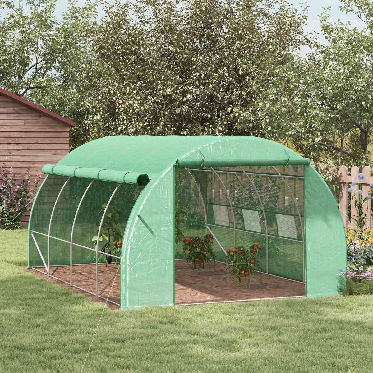 Film Greenhouse Polytunnel 3.97X3X2M Walk-In, Uv Protection, Roll-Up Covers, Steel, Green