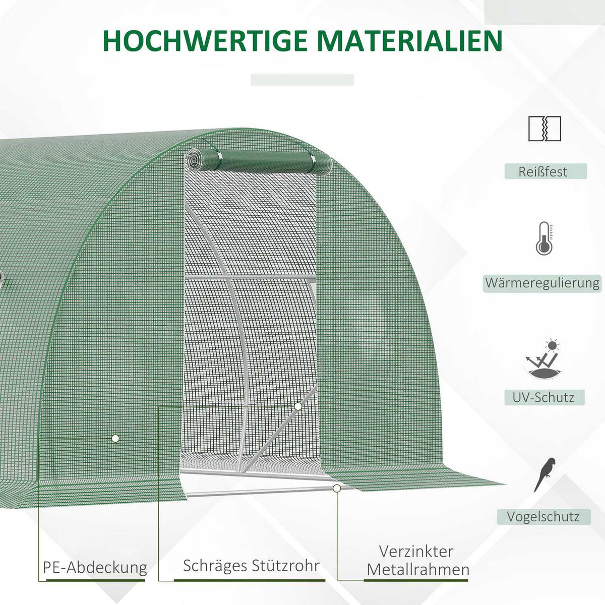 Film Greenhouse Polytunnel 4.5X3M Walk-In, 6 Windows, Frost Protection, Steel Tube, Dark Green