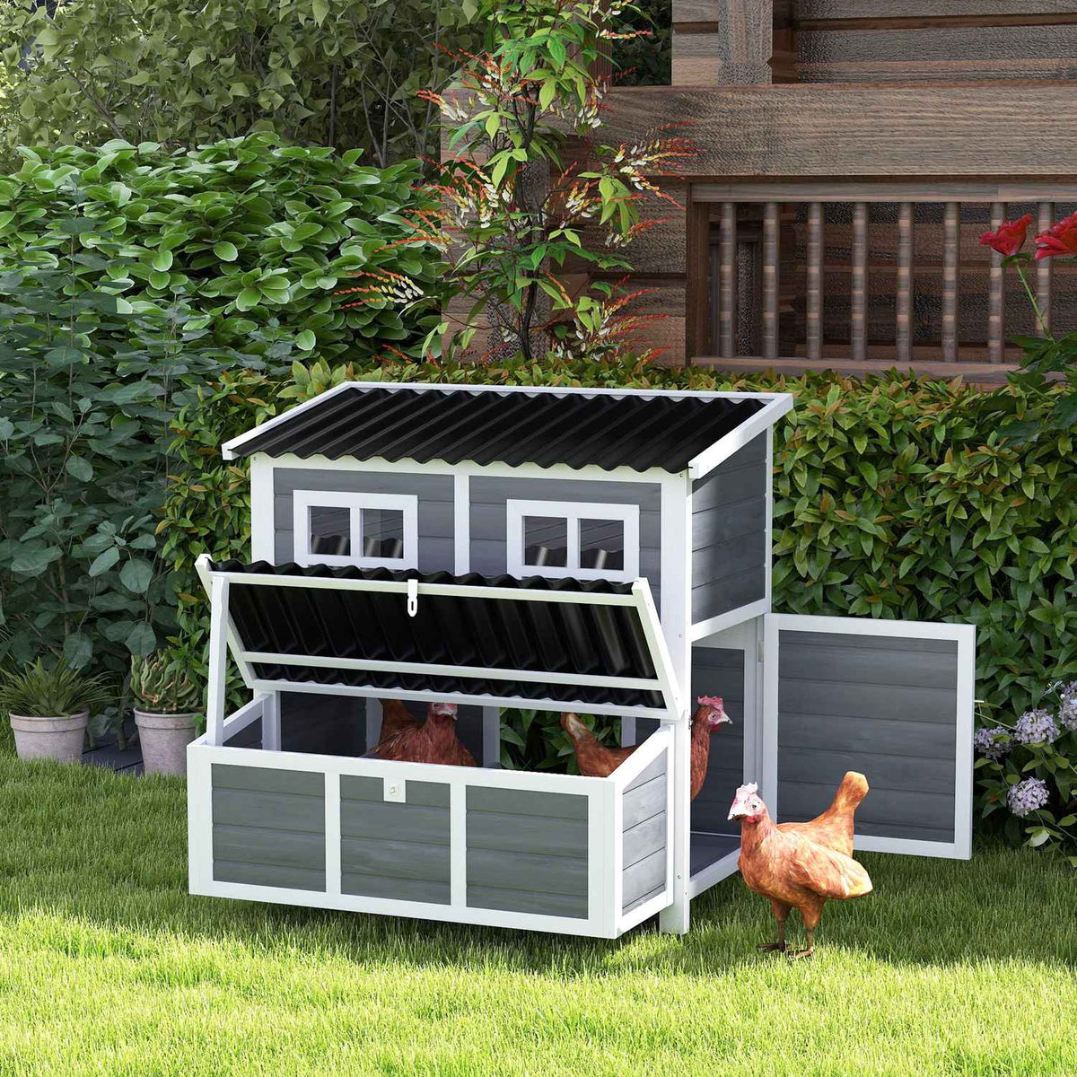 Fir Wood Chicken Coop, Chicken House with Nest Box, Poultry House for 4-6 Chickens, Waterproof Roof, 100 x 86 x 100 cm, Light Gray
