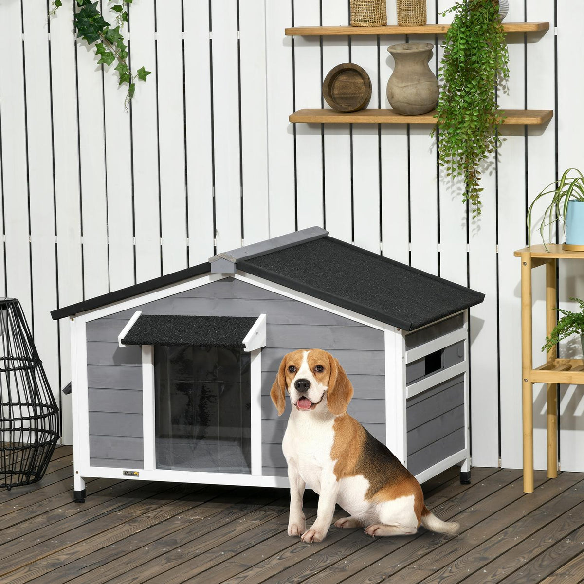 Fir Wood Dog Kennel Weatherproof Dog House With Opening Asphalt Roof & Removable Floor, Gray, 109X79X72Cm