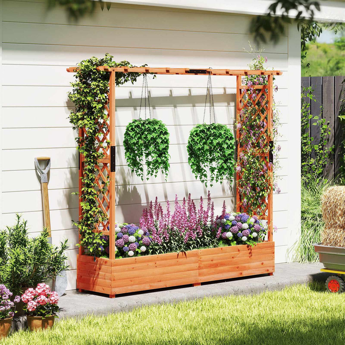 Fir Wood Planter Box with Trellis and Roof, Orange